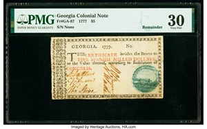 image for: Georgia 1777 $5 No Resolution Date PMG Very Fine 30....