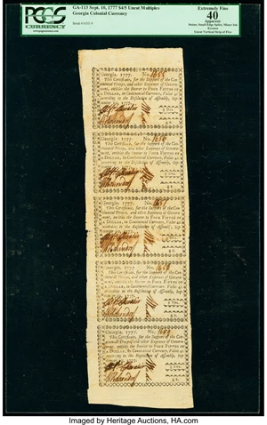 image for: Georgia September 10, 1777 $4/5 Uncut Strip of Five PCGS Apparent Extremely Fine 40....