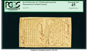 image for: Massachusetts October 16, 1778 6d 1s/6d Uncut Pair PCGS Extremely Fine 45....