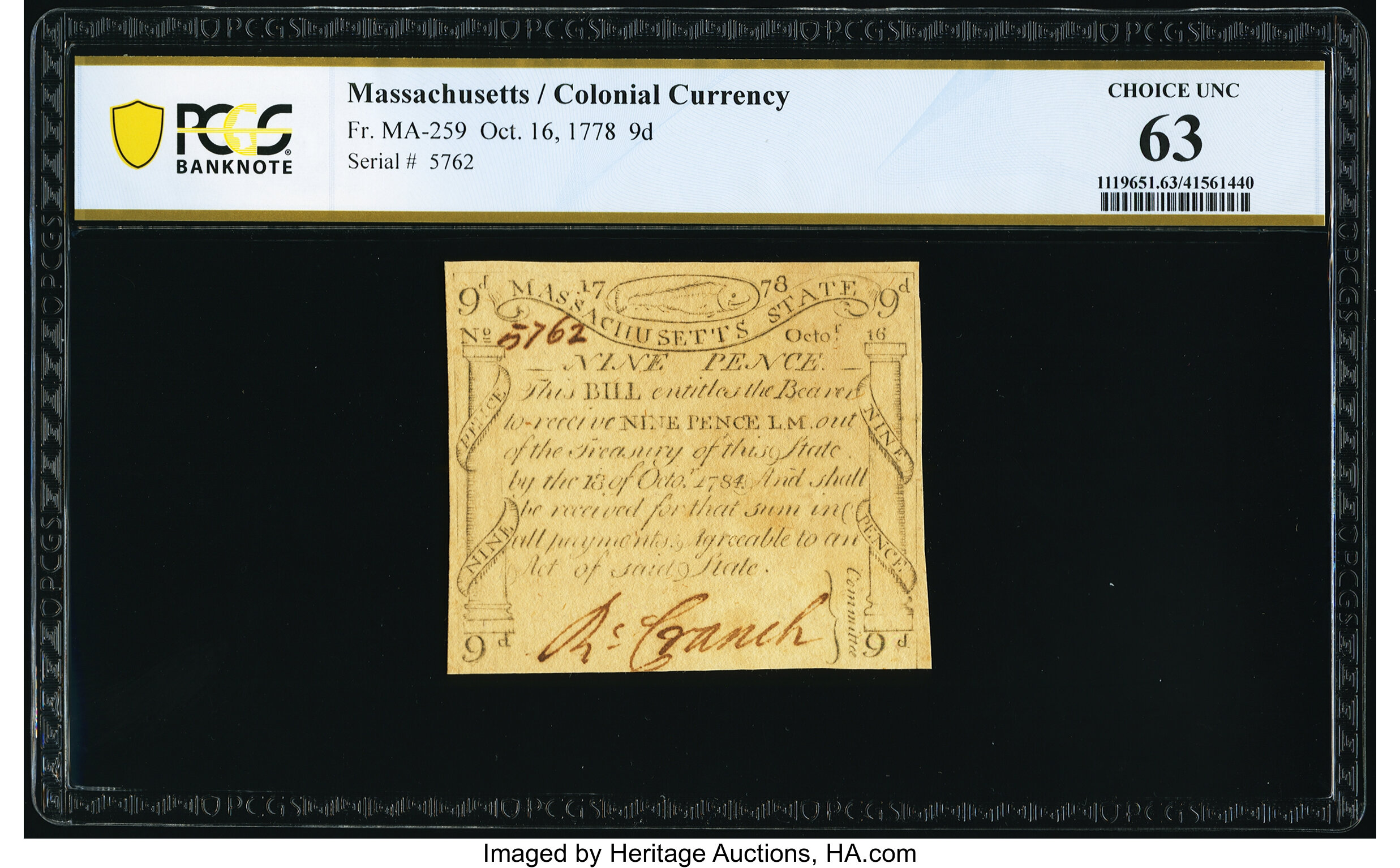 image for: Massachusetts October 16, 1778 9d PCGS Banknote Choice Unc 63....