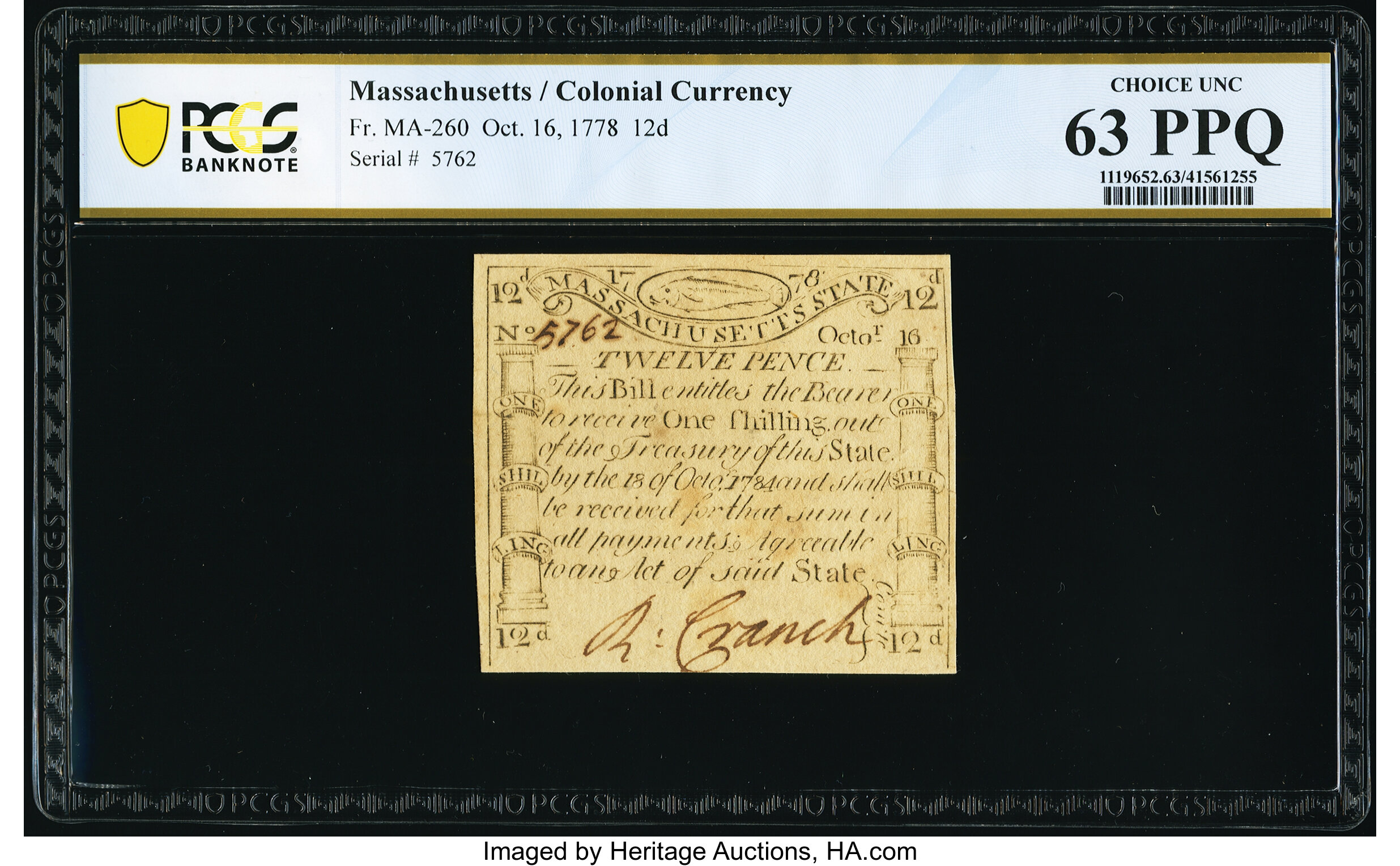 image for: Massachusetts October 16, 1778 12d PCGS Banknote Choice Uncirculated 63 PPQ....