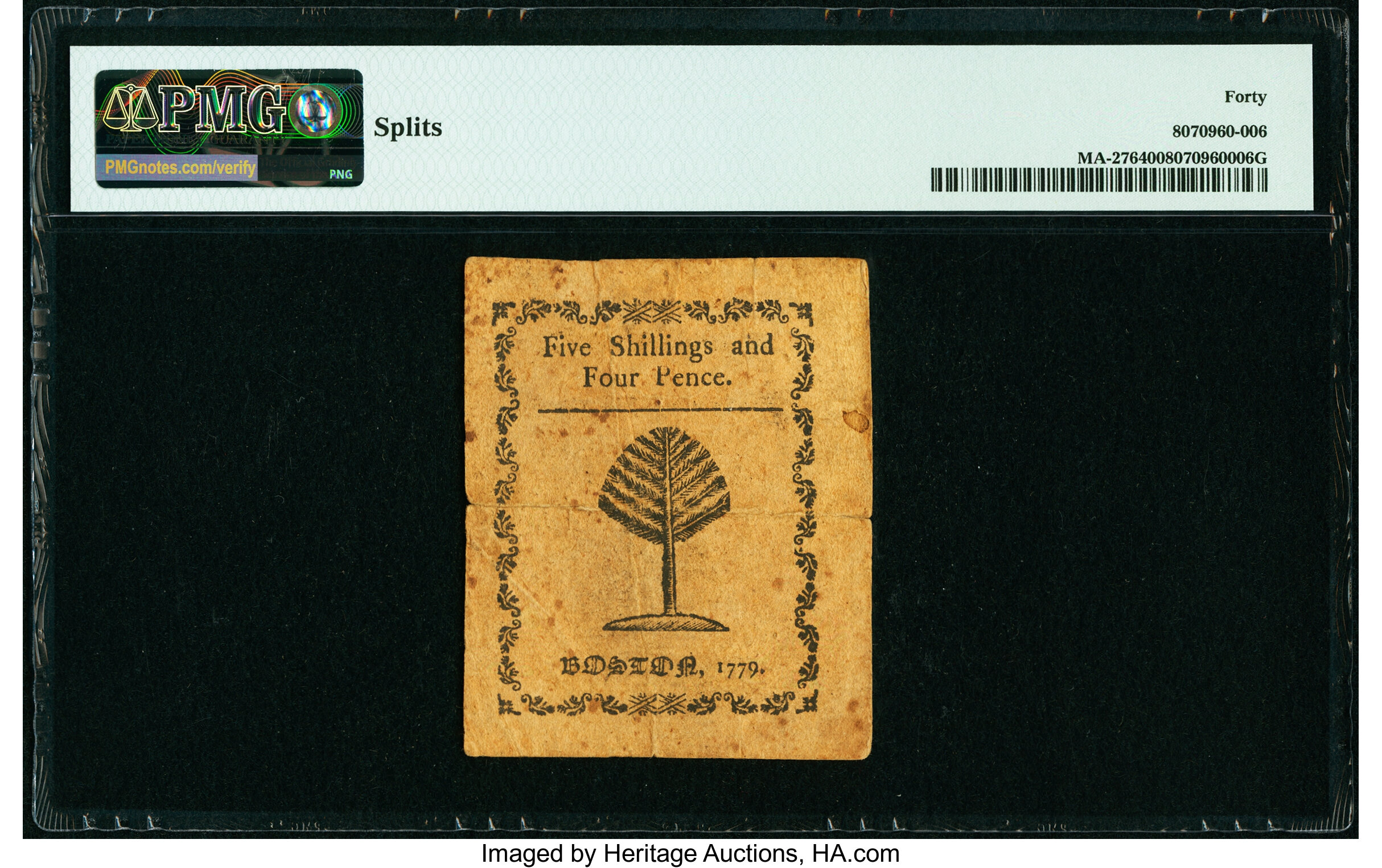 image for: Massachusetts 1779 5s 4d PMG Extremely Fine 40....