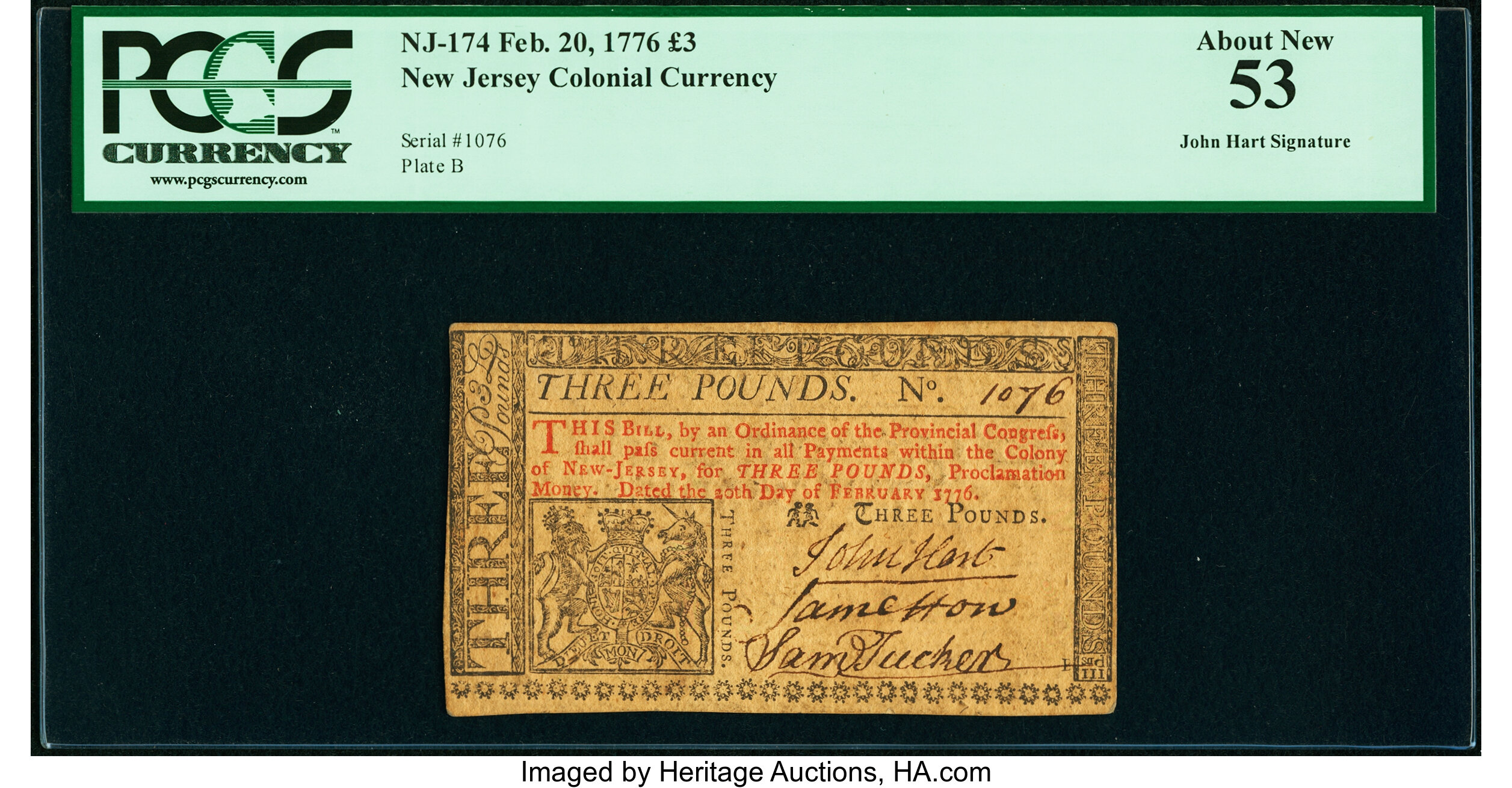 image for: John Hart Signed New Jersey February 20, 1776 £3 PCGS About New 53....