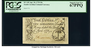 image for: South Carolina April 10, 1778 10s PCGS Superb Gem New 67PPQ....