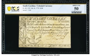 image for: South Carolina February 8, 1779 $100 PCGS Banknote About Unc 50 Details....