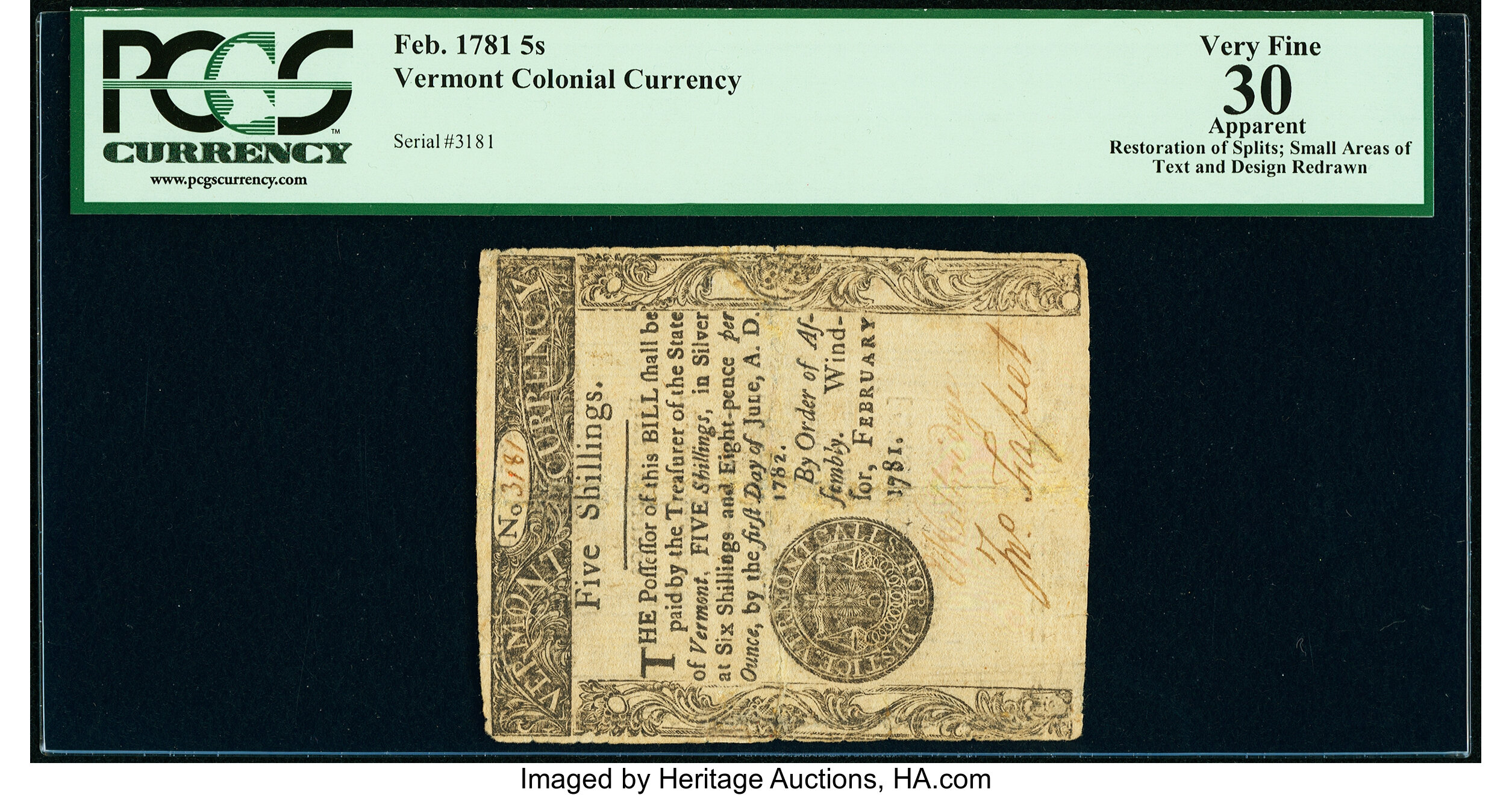image for: Vermont February 1781 5s PCGS Apparent Very Fine 30....