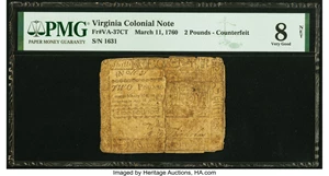 image for: Virginia March 11, 1760 £2 Contemporary Counterfeit PMG Very Good 8 Net....