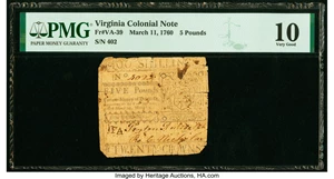 image for: Virginia March 11, 1760 £5 PMG Very Good 10....