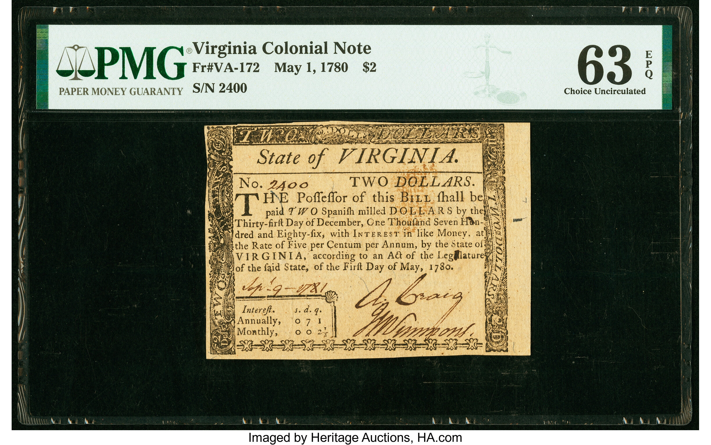 image for: Virginia May 1, 1780 $2 PMG Choice Uncirculated 63 EPQ....