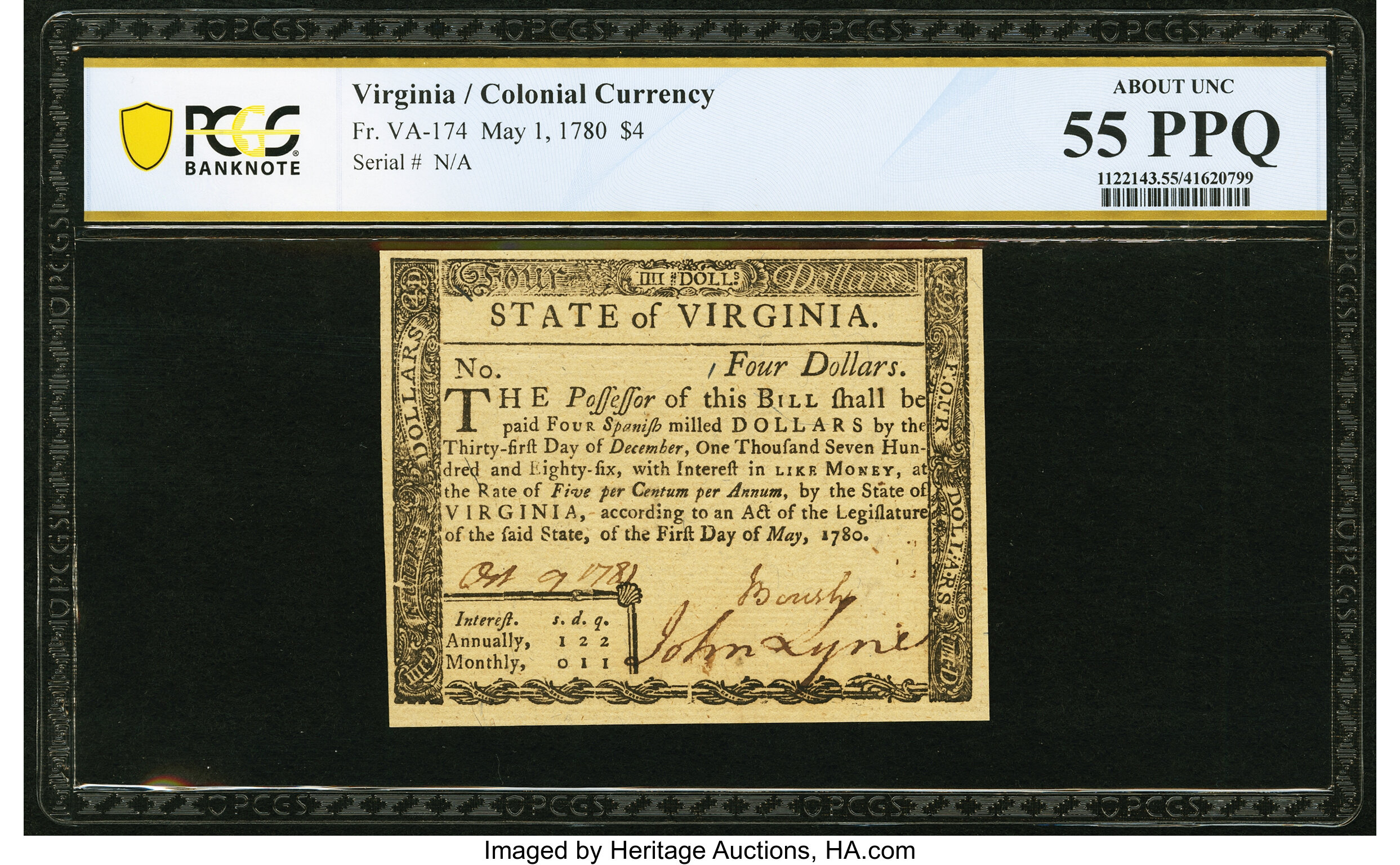 image for: Virginia May 1, 1780 $4 PCGS Banknote About Unc 55 PPQ....