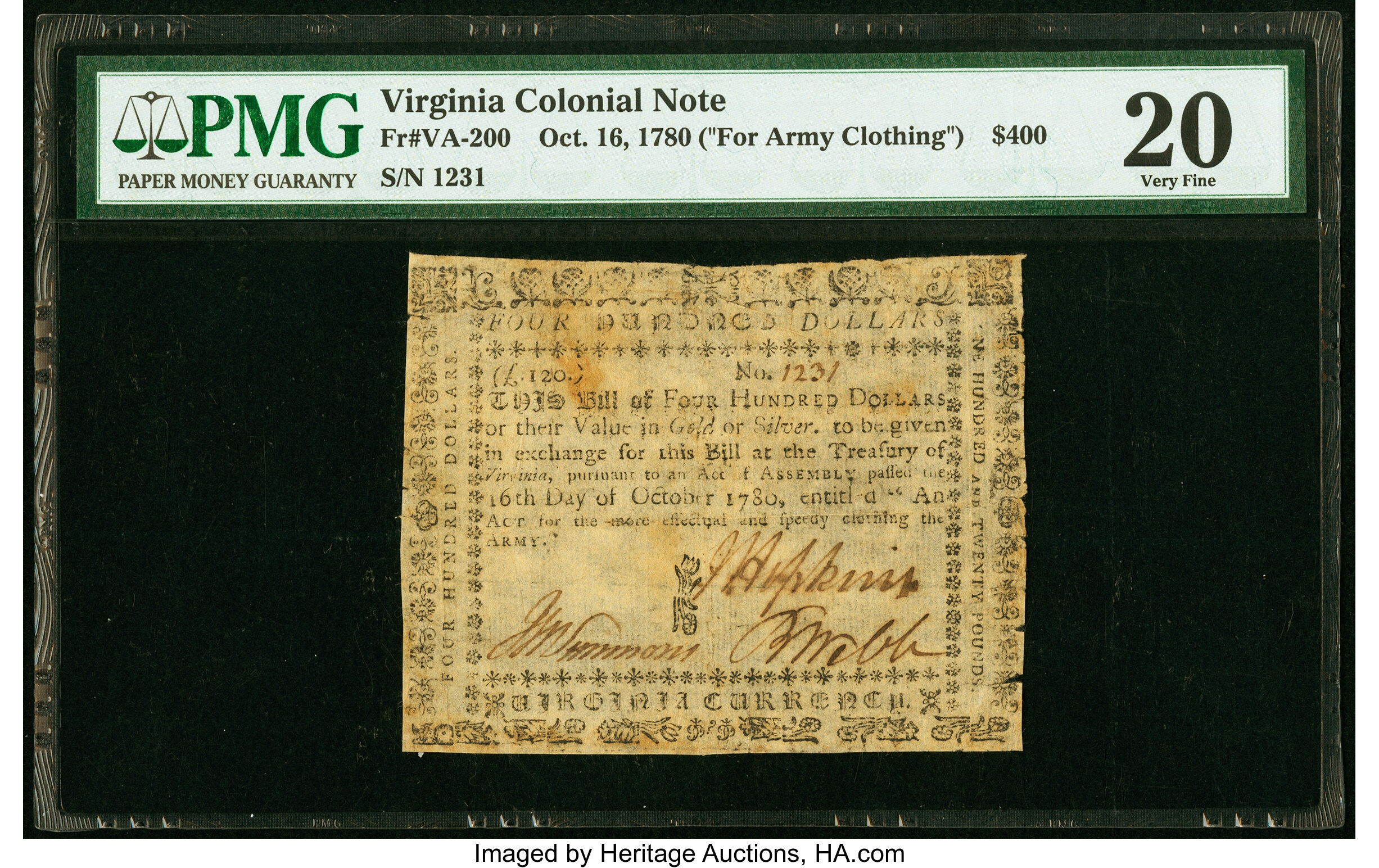 image for: Virginia October 16, 1780 (For Clothing the Army) $400 PMG Very Fine 20....