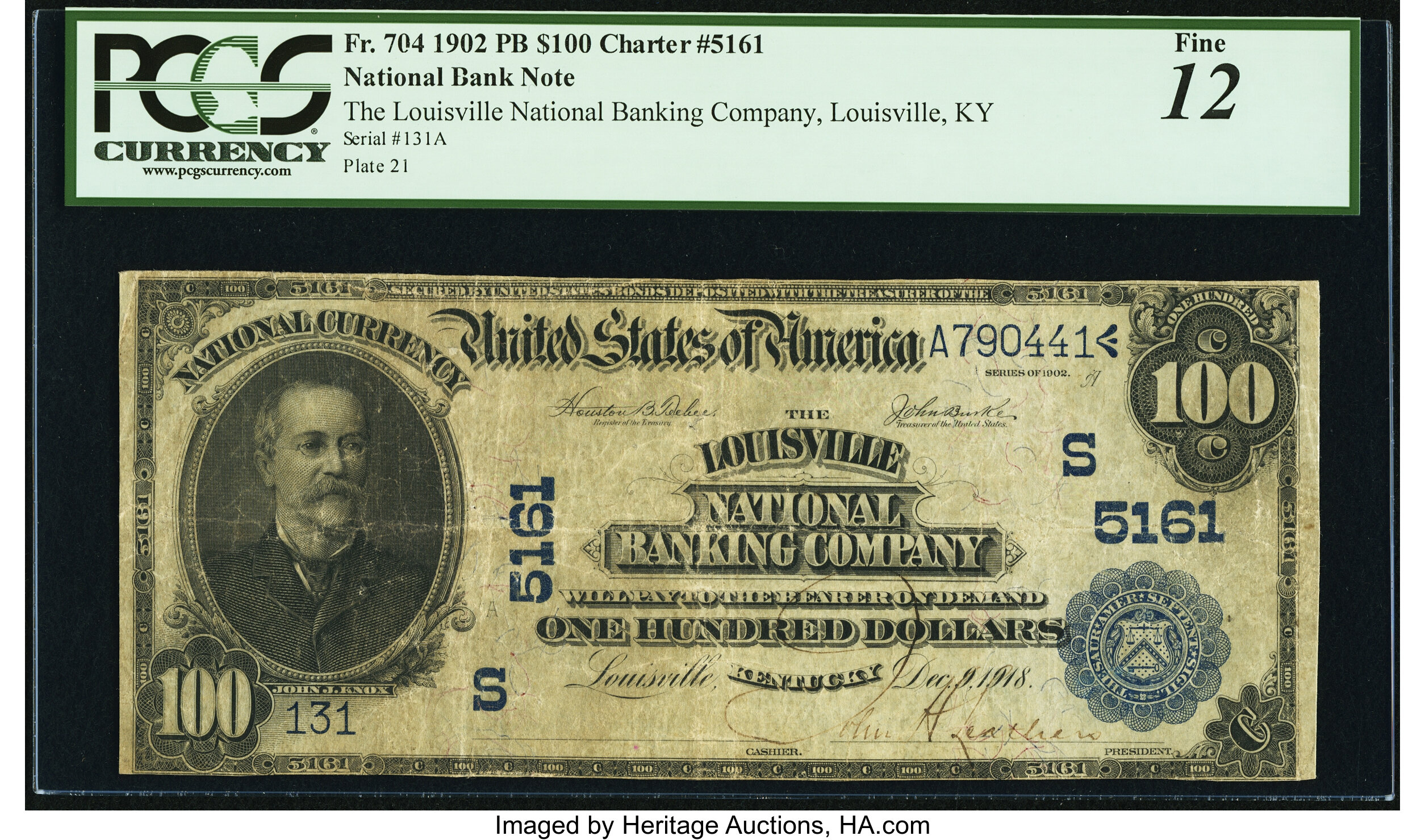 image for: Louisville, KY - $100 1902 Plain Back Fr. 704 The Louisville National Banking Company Ch. # (S)5161 PCGS Fine 12....
