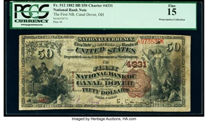 image for: Canal Dover, OH - $50 1882 Brown Back Fr. 512 The First National Bank Ch. # 4331 PCGS Fine 15....