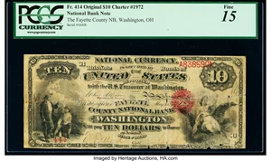image for: Washington, OH - $10 Original Fr. 414 The Fayette County National Bank Ch. # 1972 PCGS Fine 15....