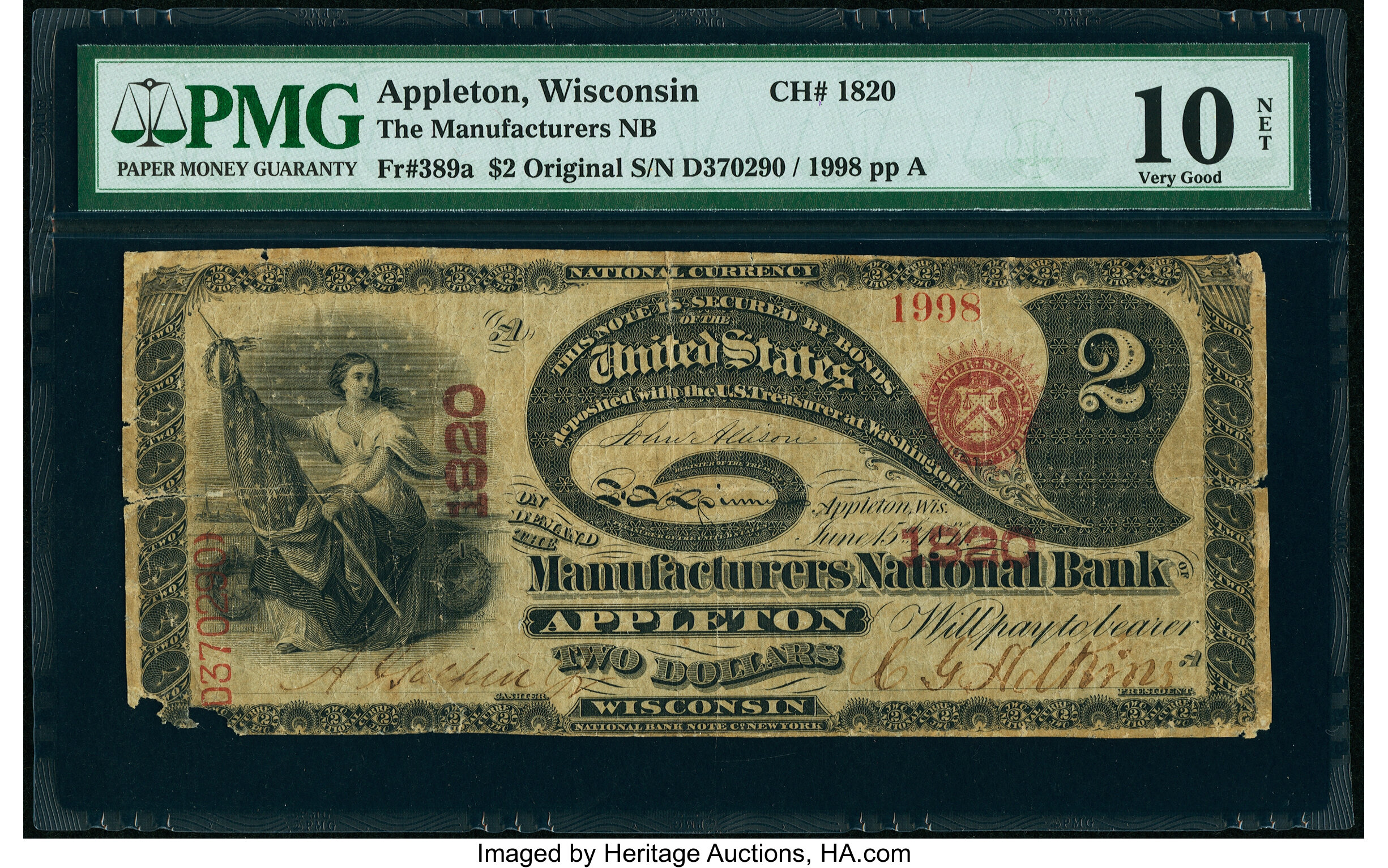 image for: Appleton, WI - $2 Original Fr. 389a The Manufacturers National Bank Ch. # 1820 PMG Very Good 10 Net....