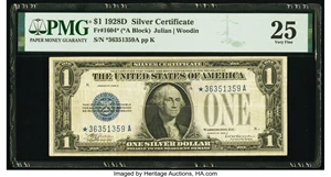 image for: Fr. 1604* $1 1928D Silver Certificate Star. PMG Very Fine 25....