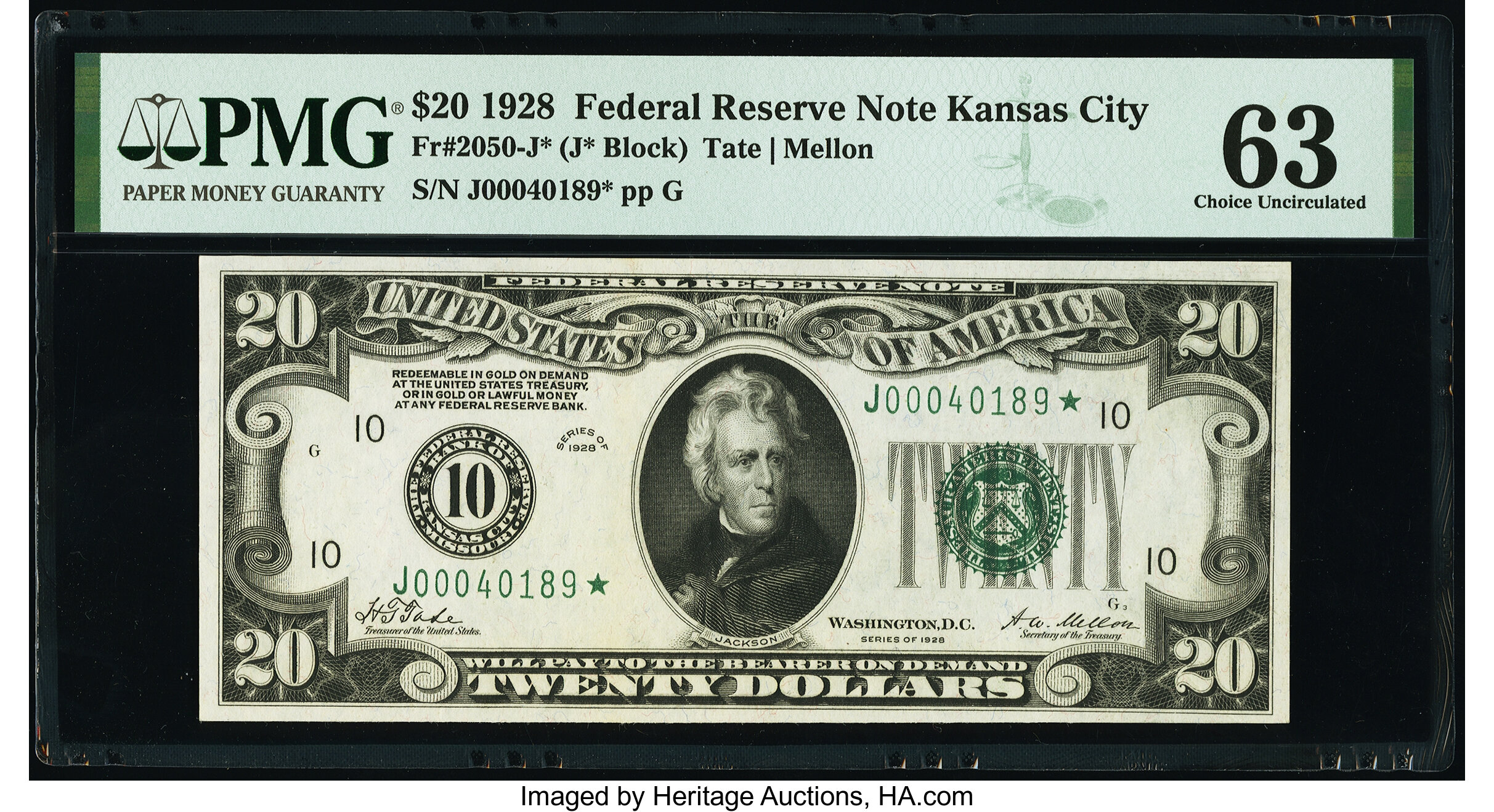 image for: Fr. 2050-J* $20 1928 Federal Reserve Star Note. PMG Choice Uncirculated 63....