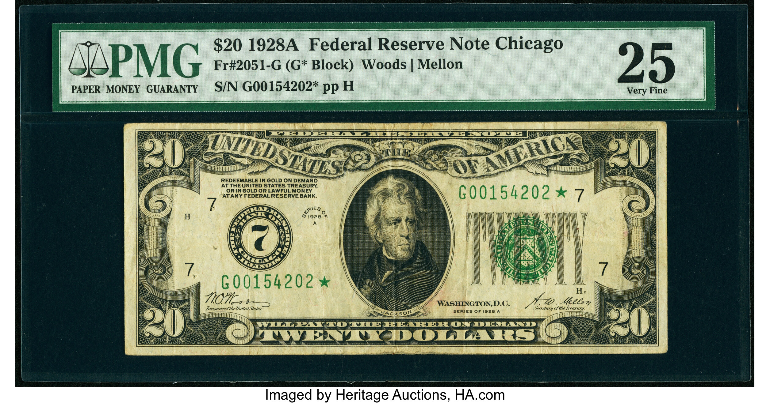 image for: Fr. 2051-G* $20 1928A Federal Reserve Star Note. PMG Very Fine 25....