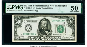 image for: Fr. 2100-C* $50 1928 Federal Reserve Star Note. PMG About Uncirculated 50....