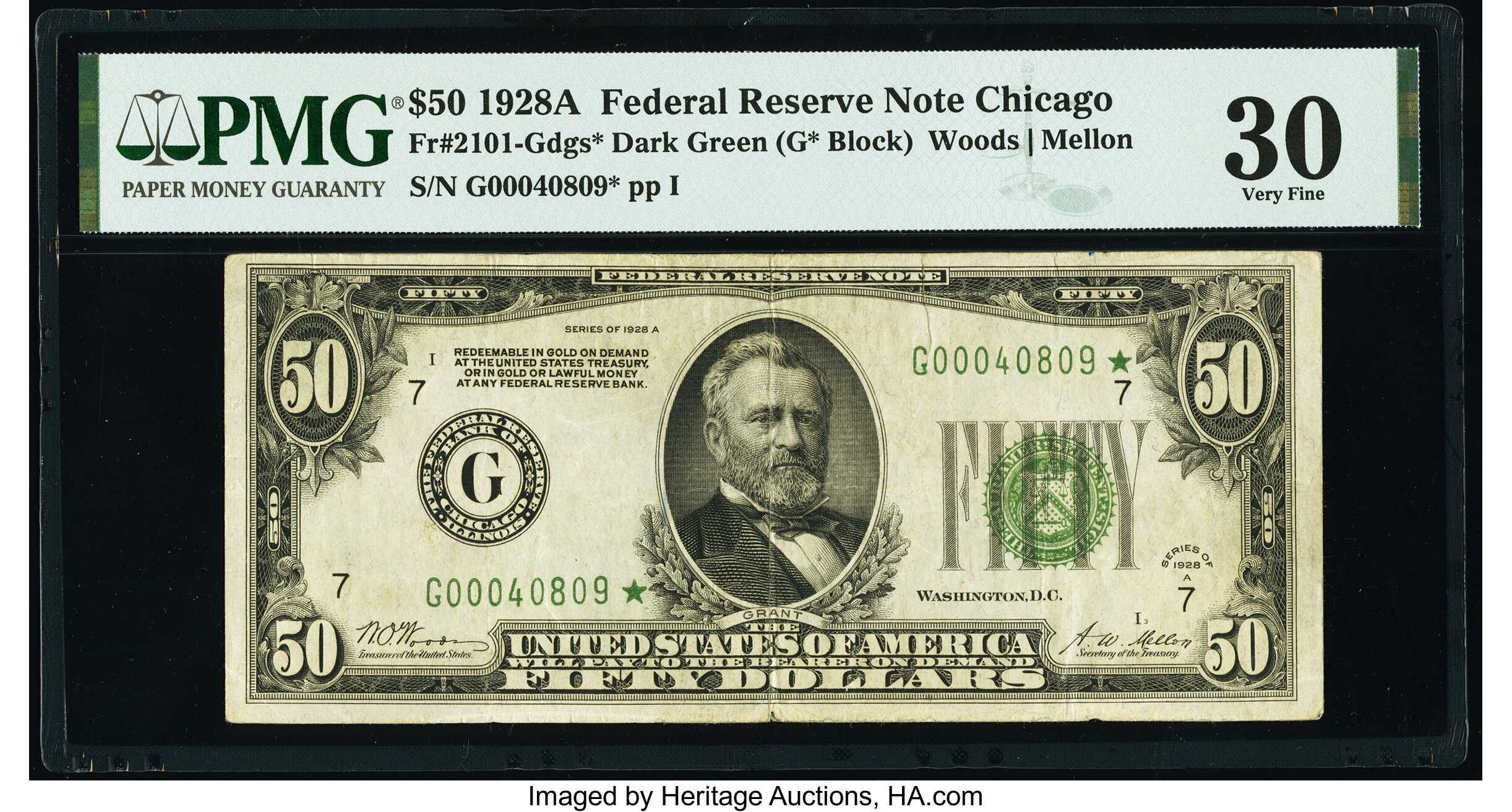 image for: Fr. 2101-G* $50 1928A Federal Reserve Star Note. PMG Very Fine 30....