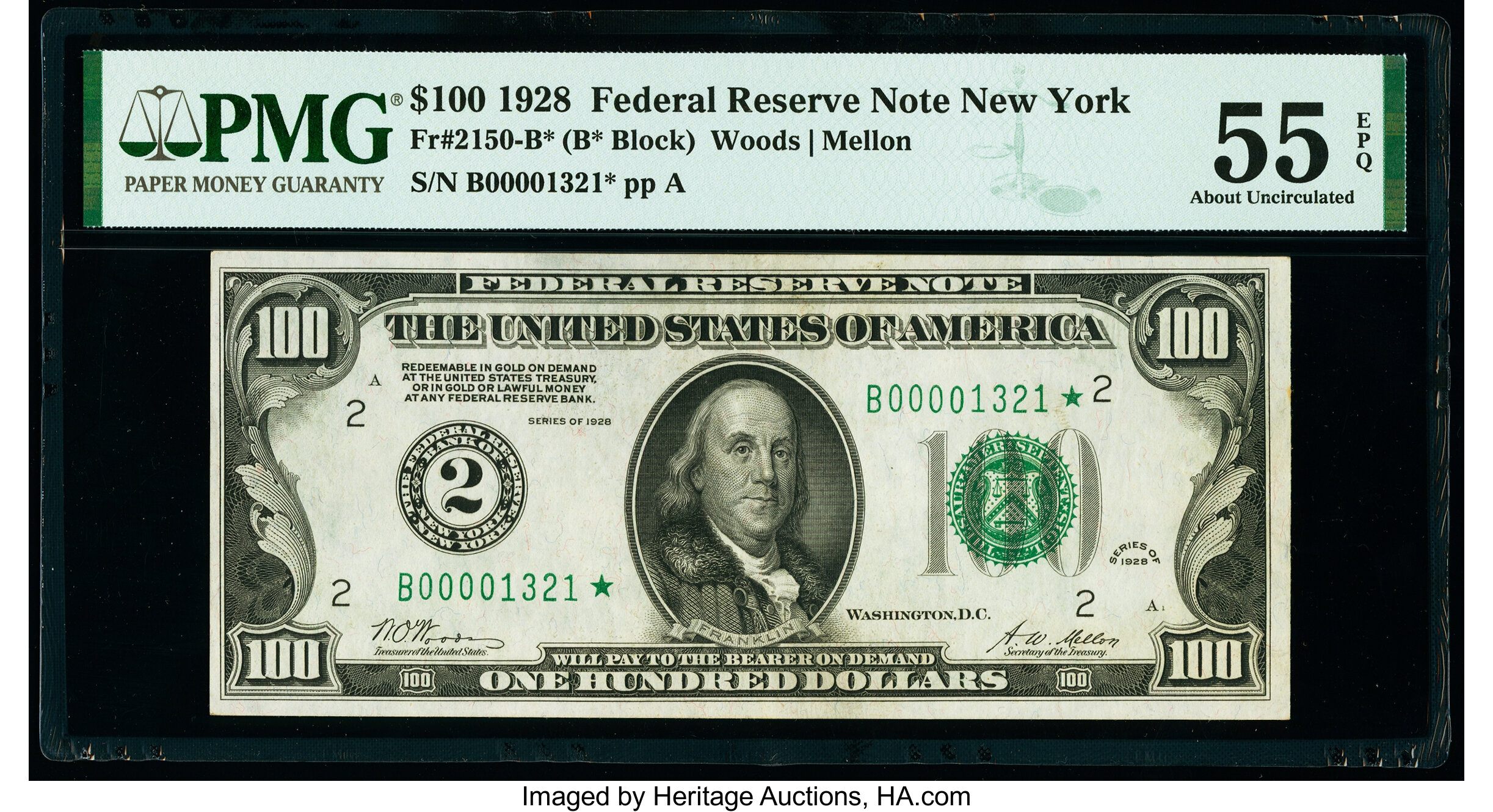 image for: Fr. 2150-B* $100 1928 Federal Reserve Star Note. PMG About Uncirculated 55 EPQ....
