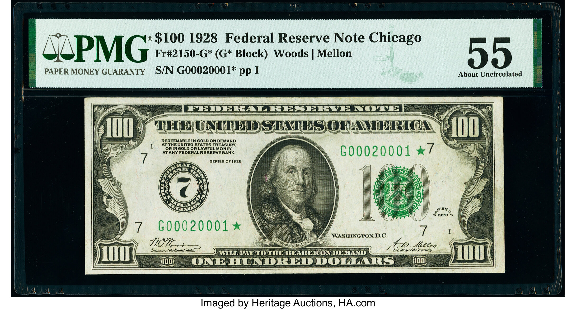 image for: Fr. 2150-G* $100 1928 Federal Reserve Note. PMG About Uncirculated 55....