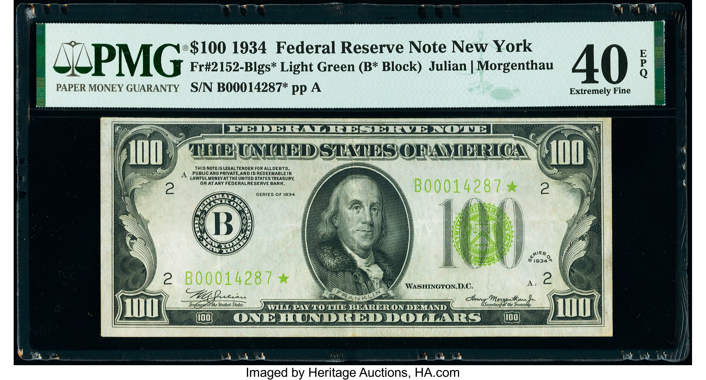 image for: Fr. 2152-B* $100 1934 Light Green Seal Federal Reserve Star Note. PMG Extremely Fine 40 EPQ....