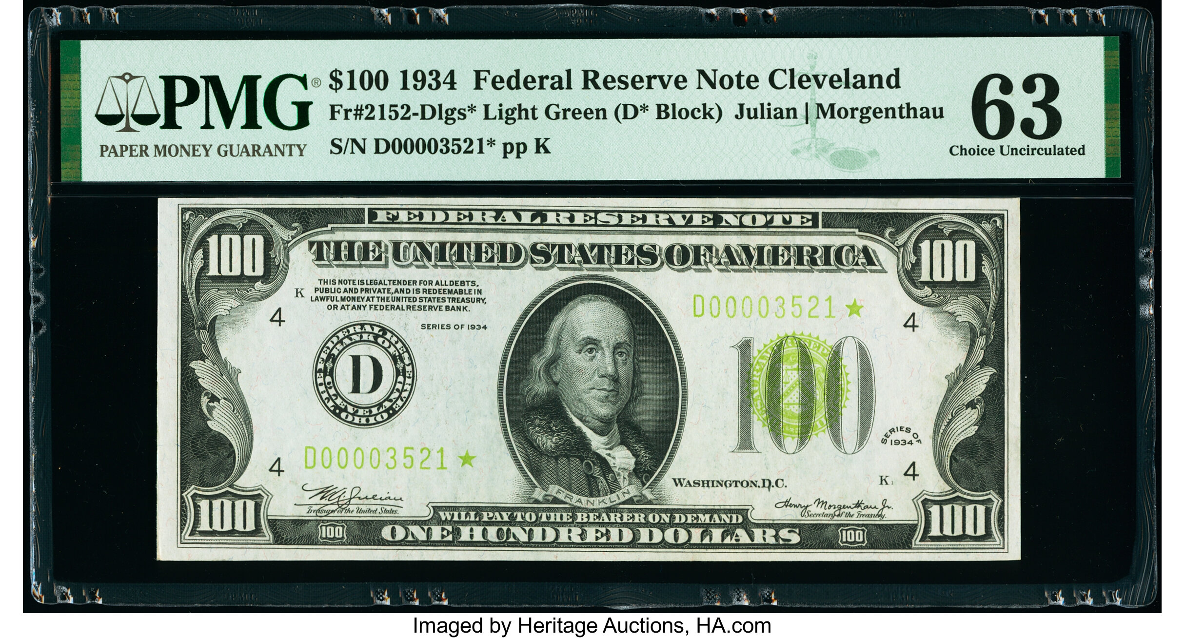 image for: Fr. 2152-D* $100 1934 Light Green Seal Federal Reserve Star Note. PMG Choice Uncirculated 63....