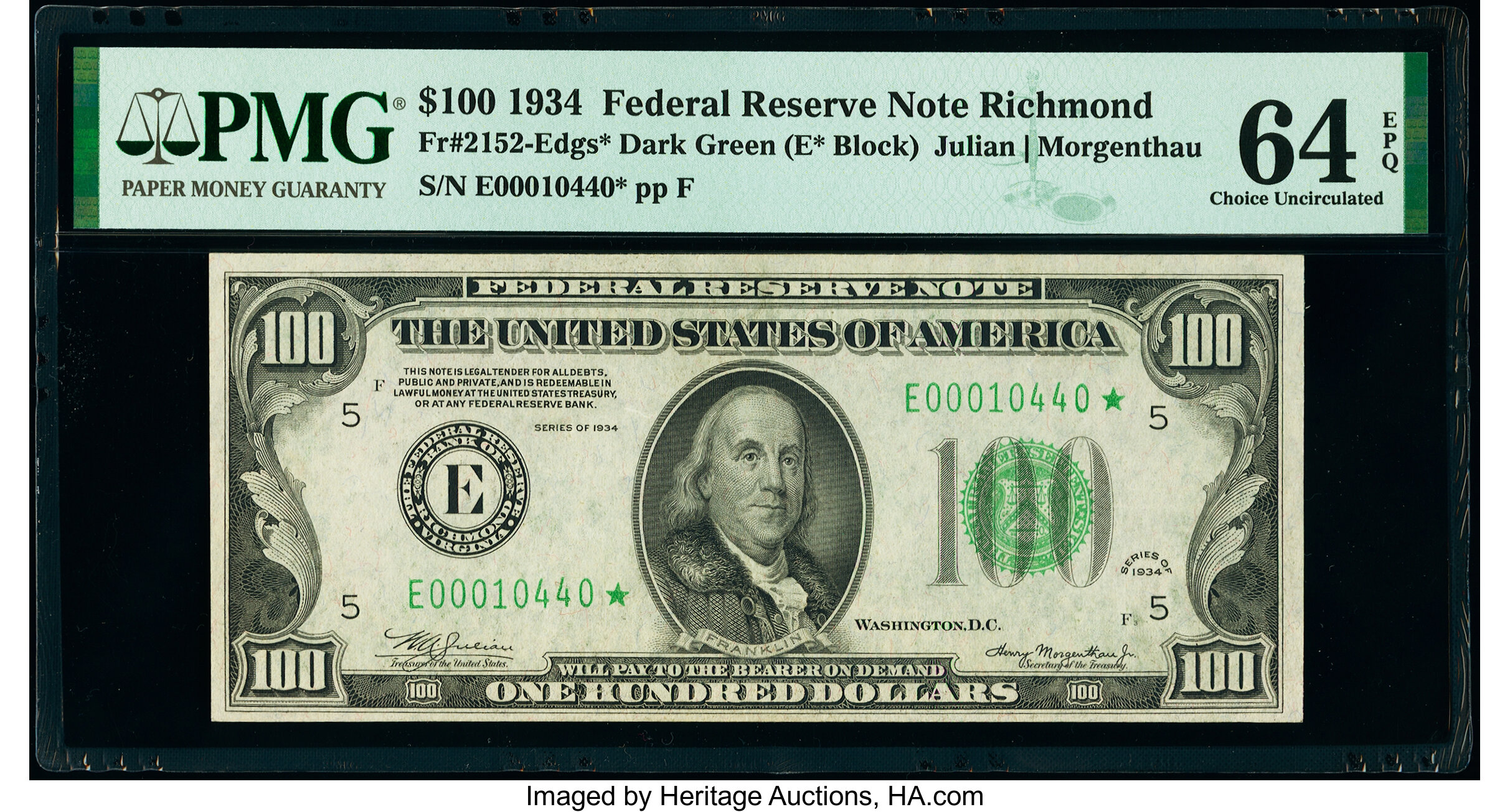 image for: Fr. 2152-E* $100 1934 Dark Green Seal Federal Reserve Star Note. PMG Choice Uncirculated 64 EPQ....