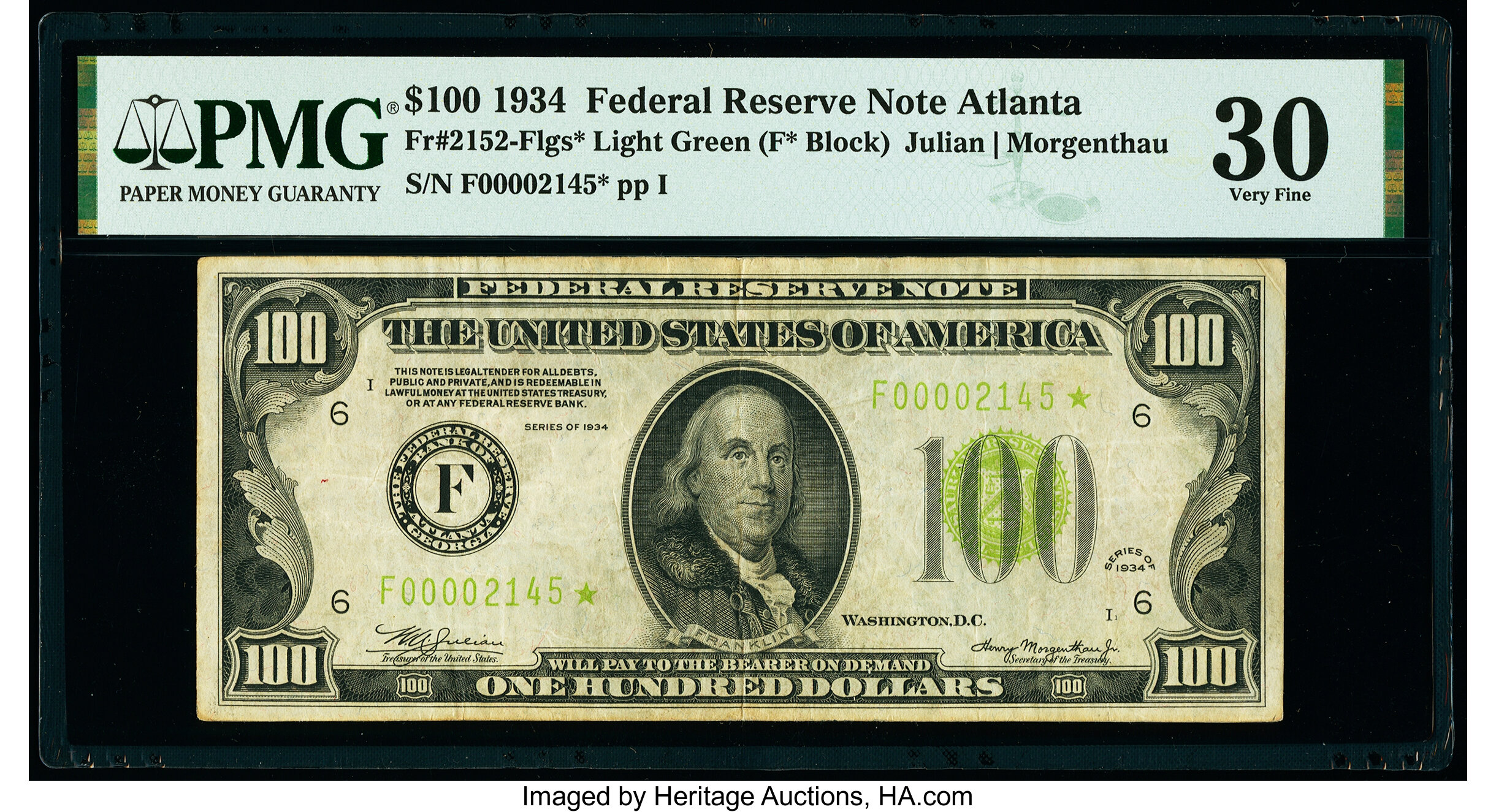 image for: Fr. 2152-F* $100 1934 Light Green Seal Federal Reserve Star Note. PMG Very Fine 30....