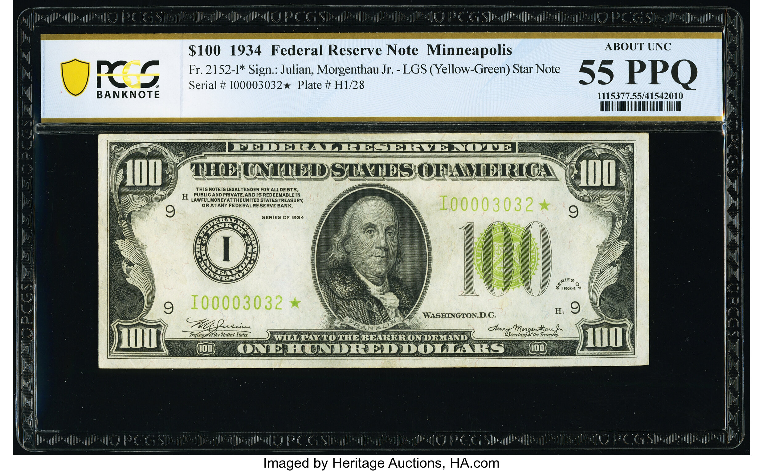 image for: Fr. 2152-I* $100 1934 Light Green Seal Federal Reserve Star Note. PCGS Banknote About Unc 55 PPQ....