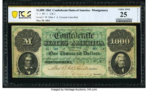 image for: T1 $1,000 1861 PF-1 Cr. 1 PCGS Banknote Very Fine 25 Details....