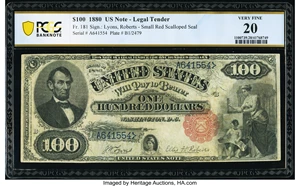 image for: Fr. 181 $100 1880 Legal Tender PCGS Banknote Very Fine 20....