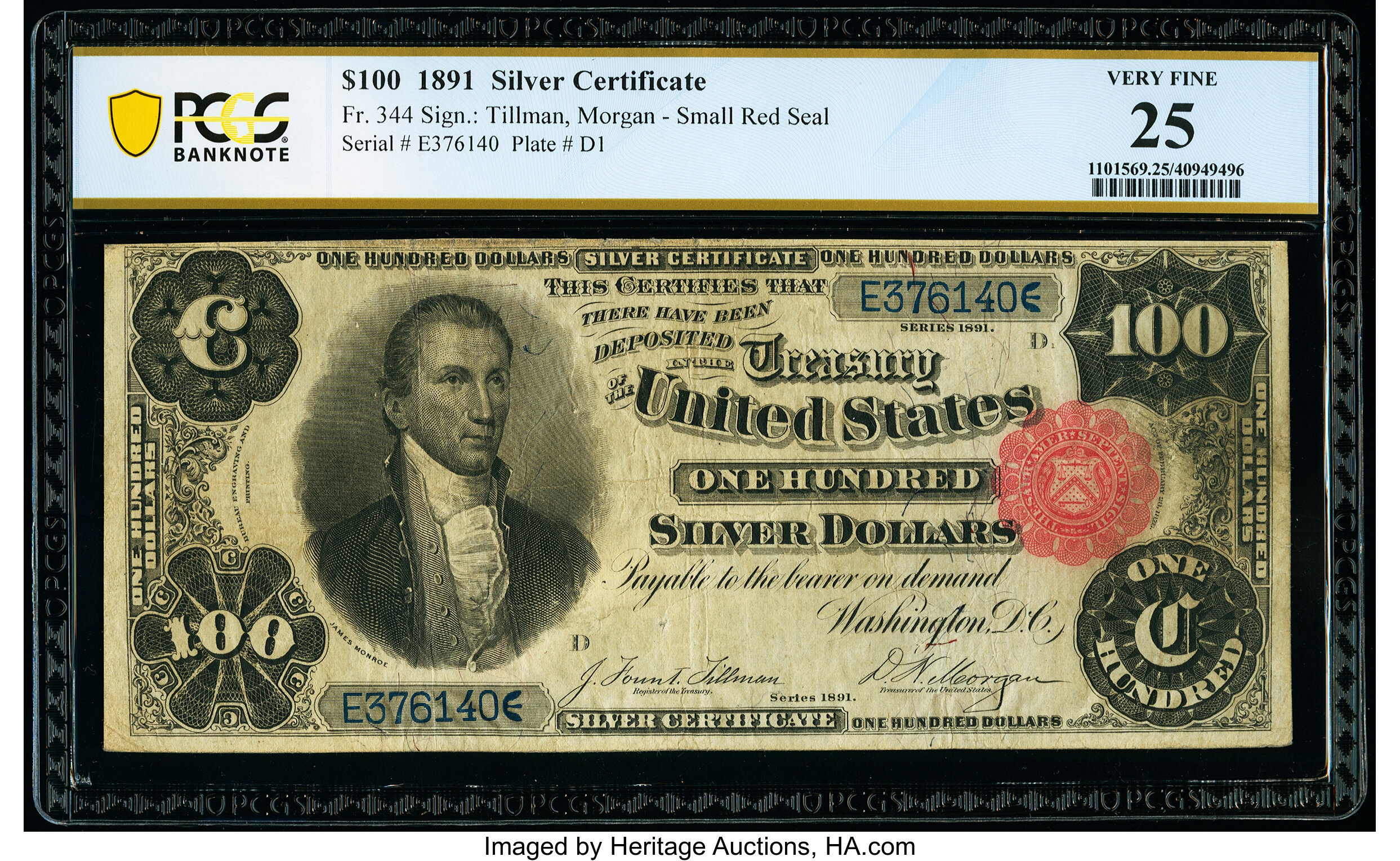 image for: Fr. 344 $100 1891 Silver Certificate PCGS Banknote Very Fine 25....