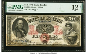 image for: Fr. 152 $50 1874 Legal Tender PMG Fine 12 Net....