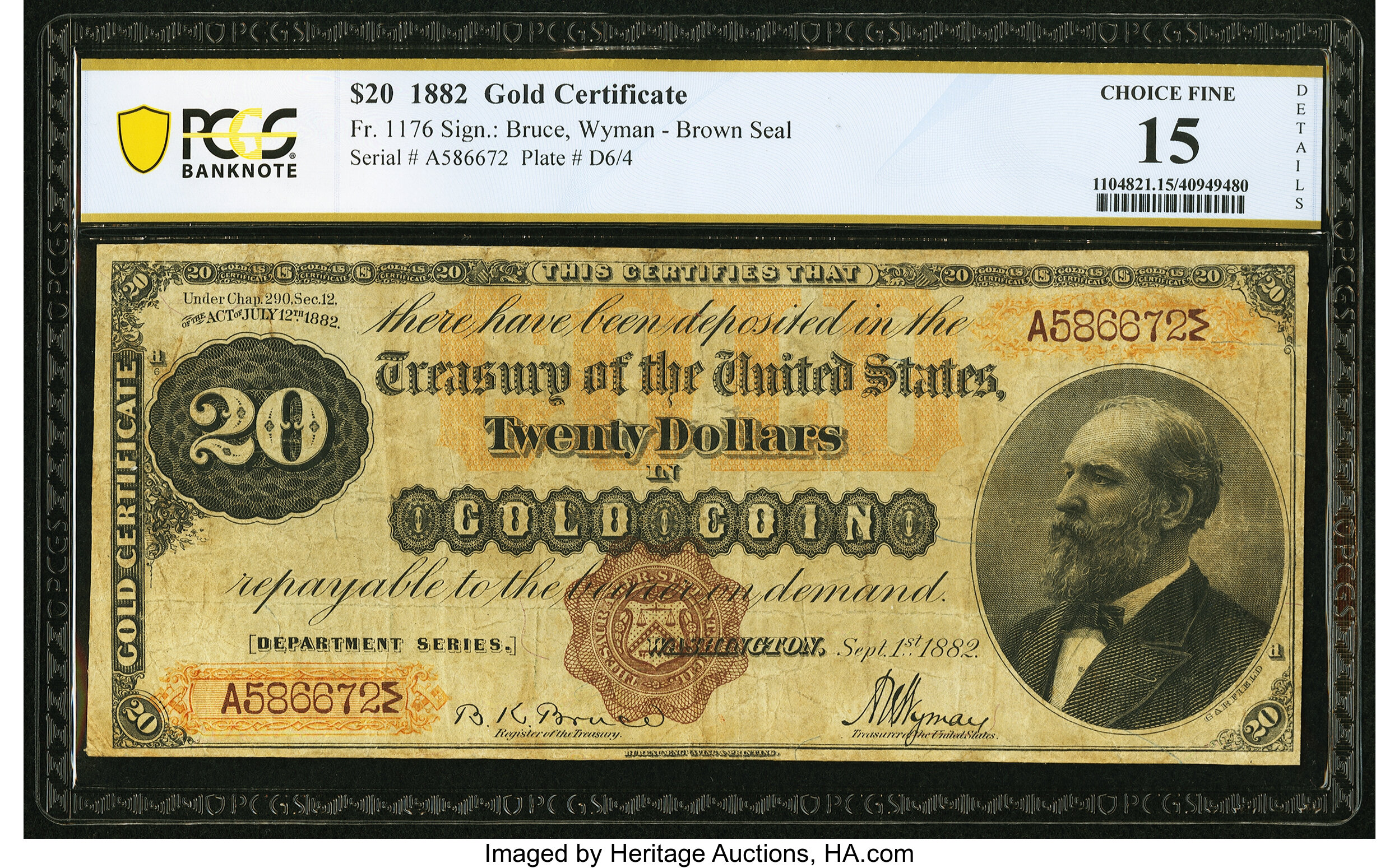 image for: Fr. 1176 $20 1882 Gold Certificate PCGS Banknote Choice Fine 15 Details....