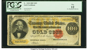 image for: Fr. 1210 $100 1882 Gold Certificate PCGS Fine 12....