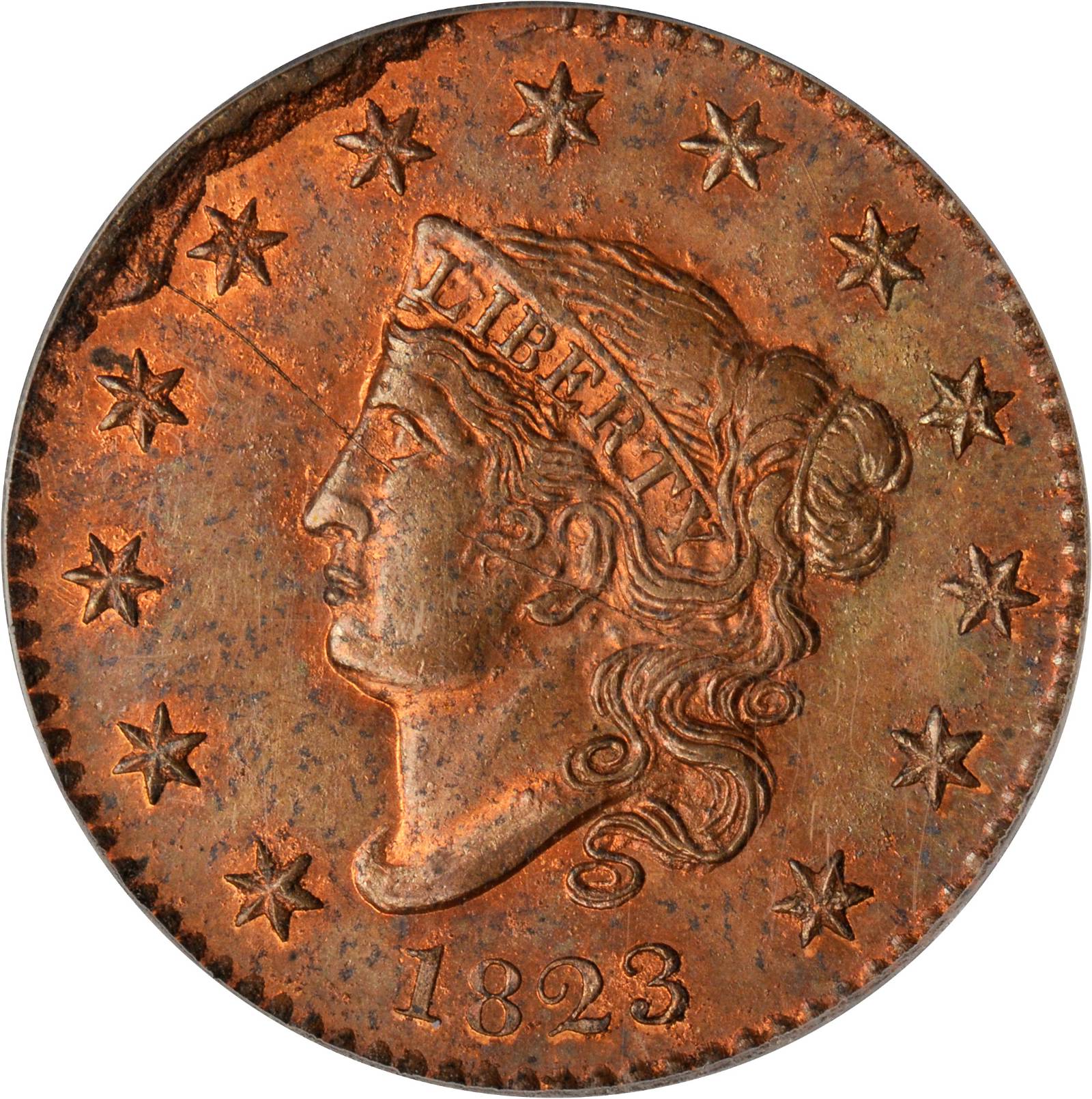 image for: "1823" Matron Head Cent. N-3. Rarity-2. Die State A-B. Private Restrike. Copper. MS-64 RB (PCGS).