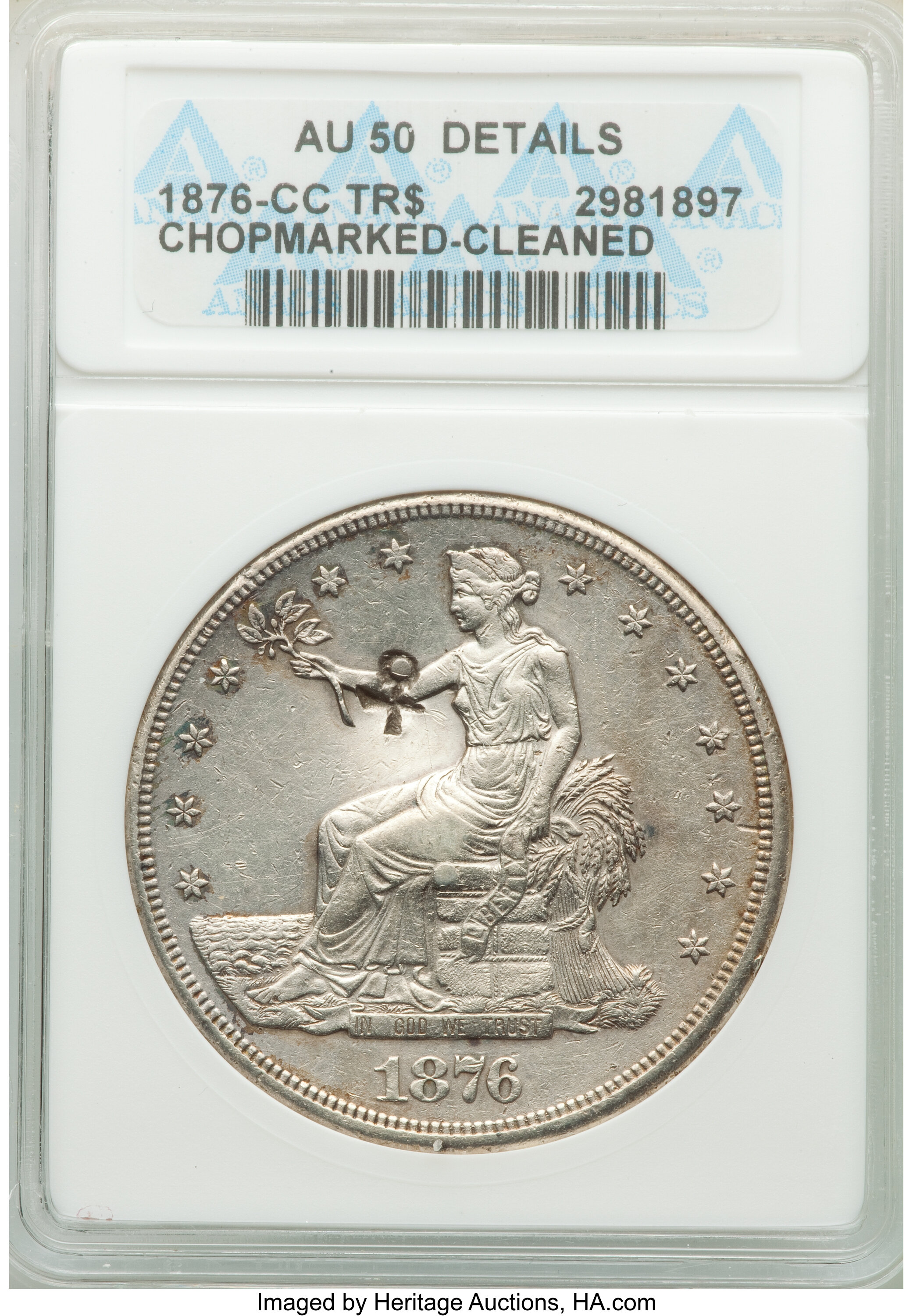 image for: 1876-CC T$1 Chop Mark -- Cleaned -- ANACS. AU50 Details....