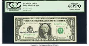 image for: Dorothy Andrews Elston Courtesy Autographed Fr. 1903-E $1 1969 Federal Reserve Note. PCGS Gem New 66PPQ....