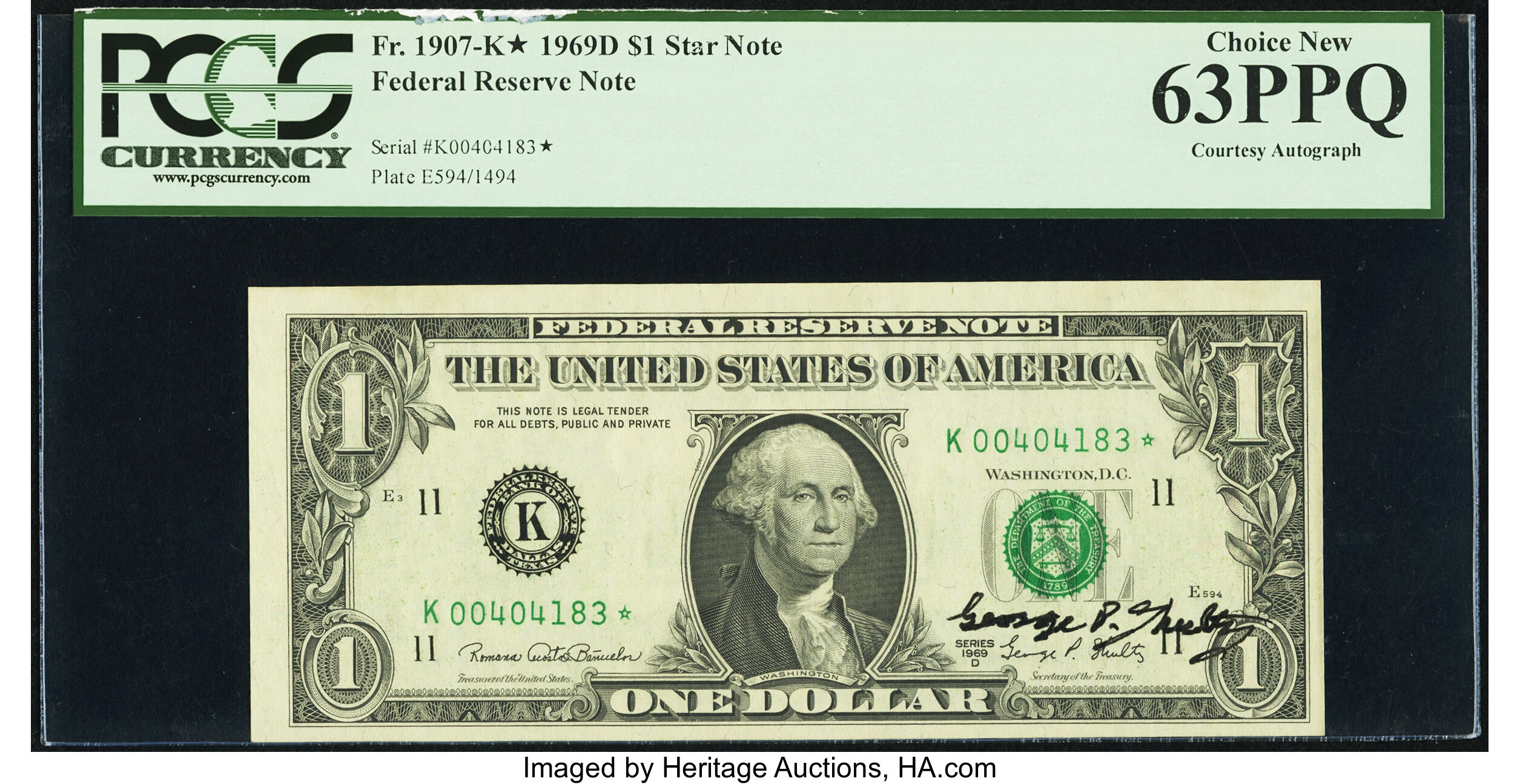 image for: George P. Shultz Courtesy Autographed Fr. 1907-K* $1 1969D Federal Reserve Star Note. PCGS Choice New 63PPQ....