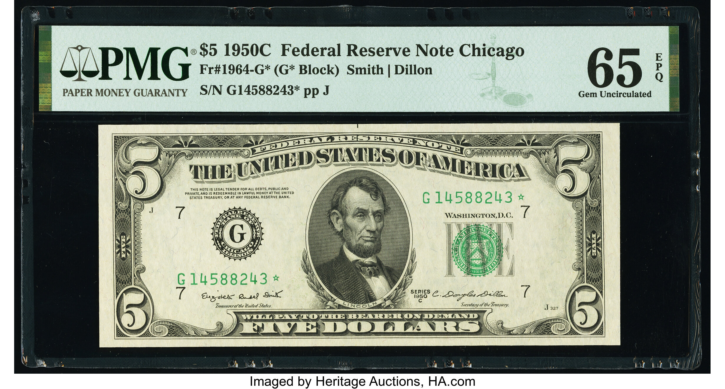 image for: Fr. 1964-G* $5 1950C Federal Reserve Star Note. PMG Gem Uncirculated 65 EPQ....