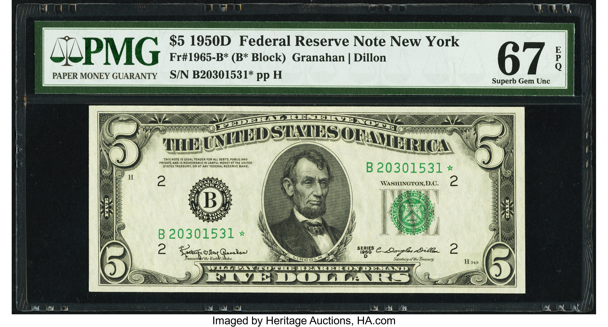 image for: Fr. 1965-B* $5 1950D Federal Reserve Star Note. PMG Superb Gem Unc 67 EPQ....