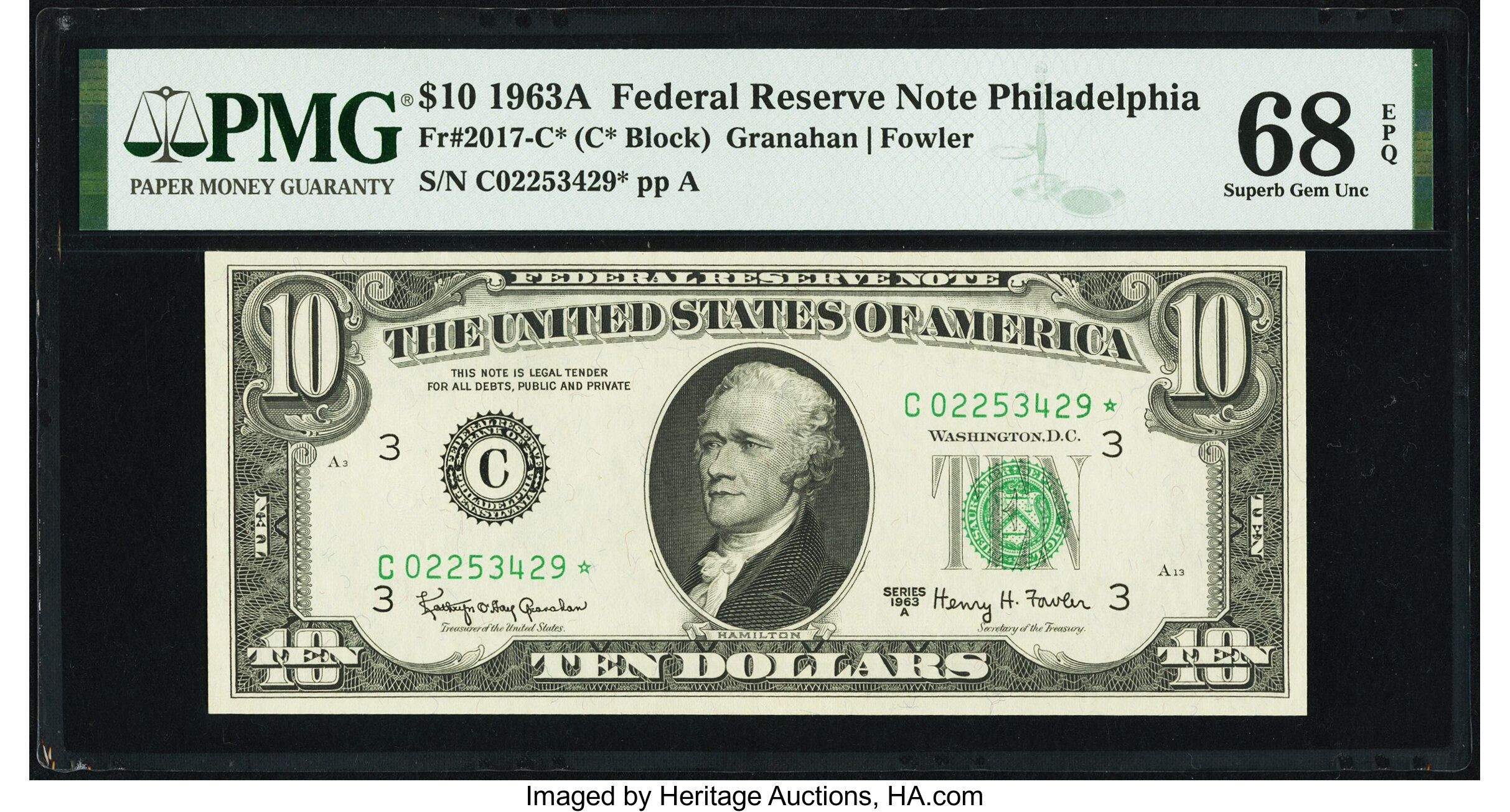 image for: Fr. 2017-C* $10 1963A Federal Reserve Star Note. PMG Superb Gem Unc 68 EPQ....