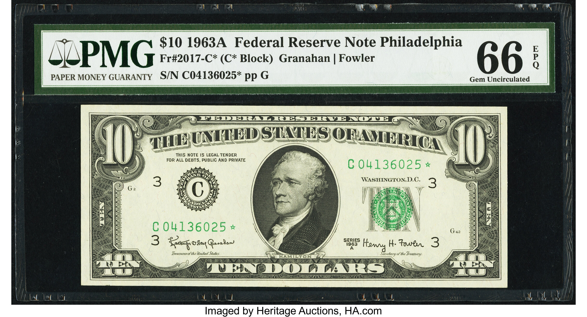image for: Fr. 2017-C* $10 1963A Federal Reserve Star Note. PMG Gem Uncirculated 66 EPQ....