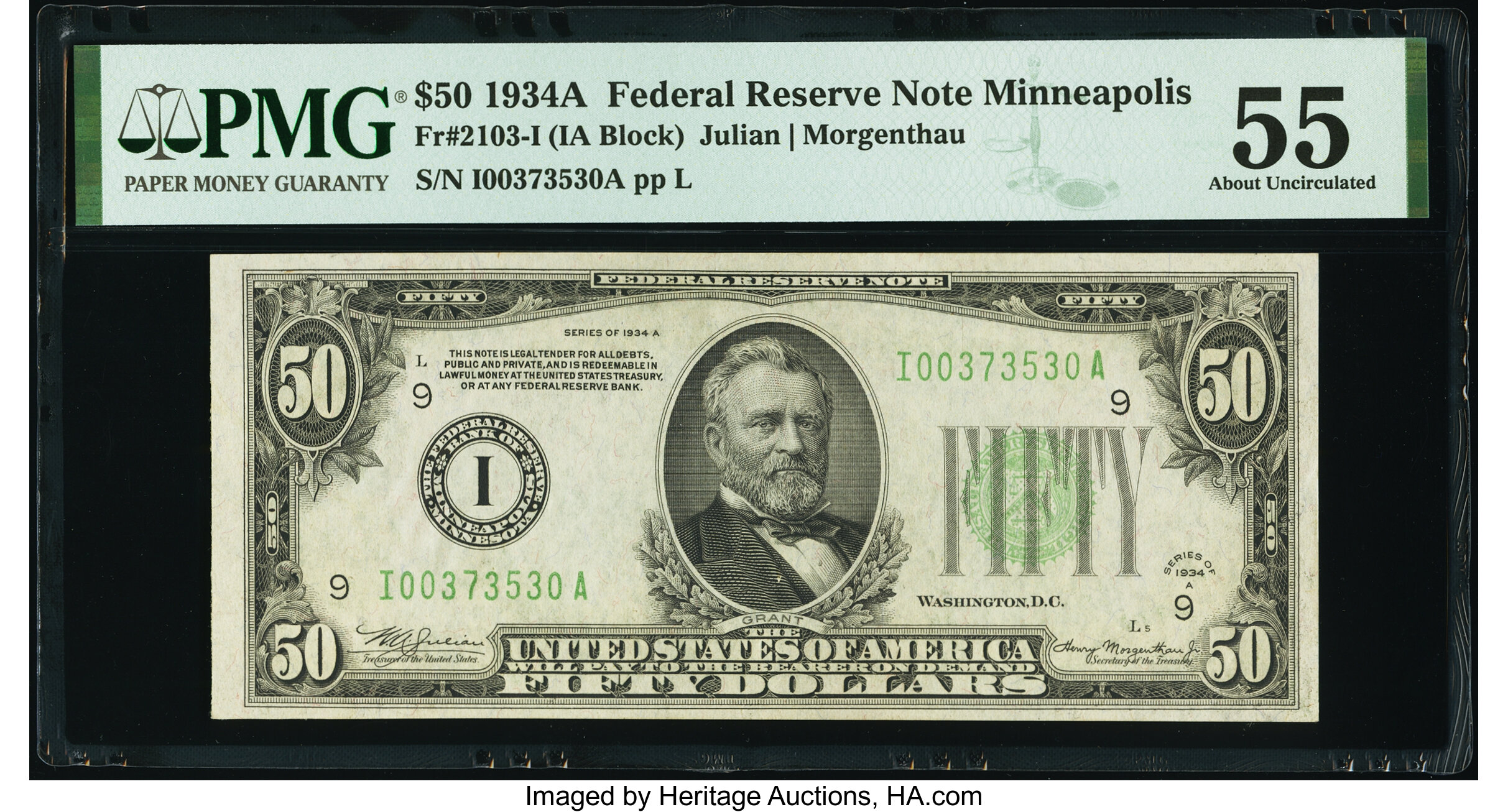 image for: Fr. 2103-I $50 1934A Federal Reserve Note. PMG About Uncirculated 55....