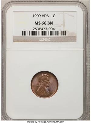 image for: 1909 VDB 1C MS66 Brown NGC. NGC Census: (24/1). PCGS Population (7/0). Mintage: 27,995,000. Numismedia Wsl. Price for probl...