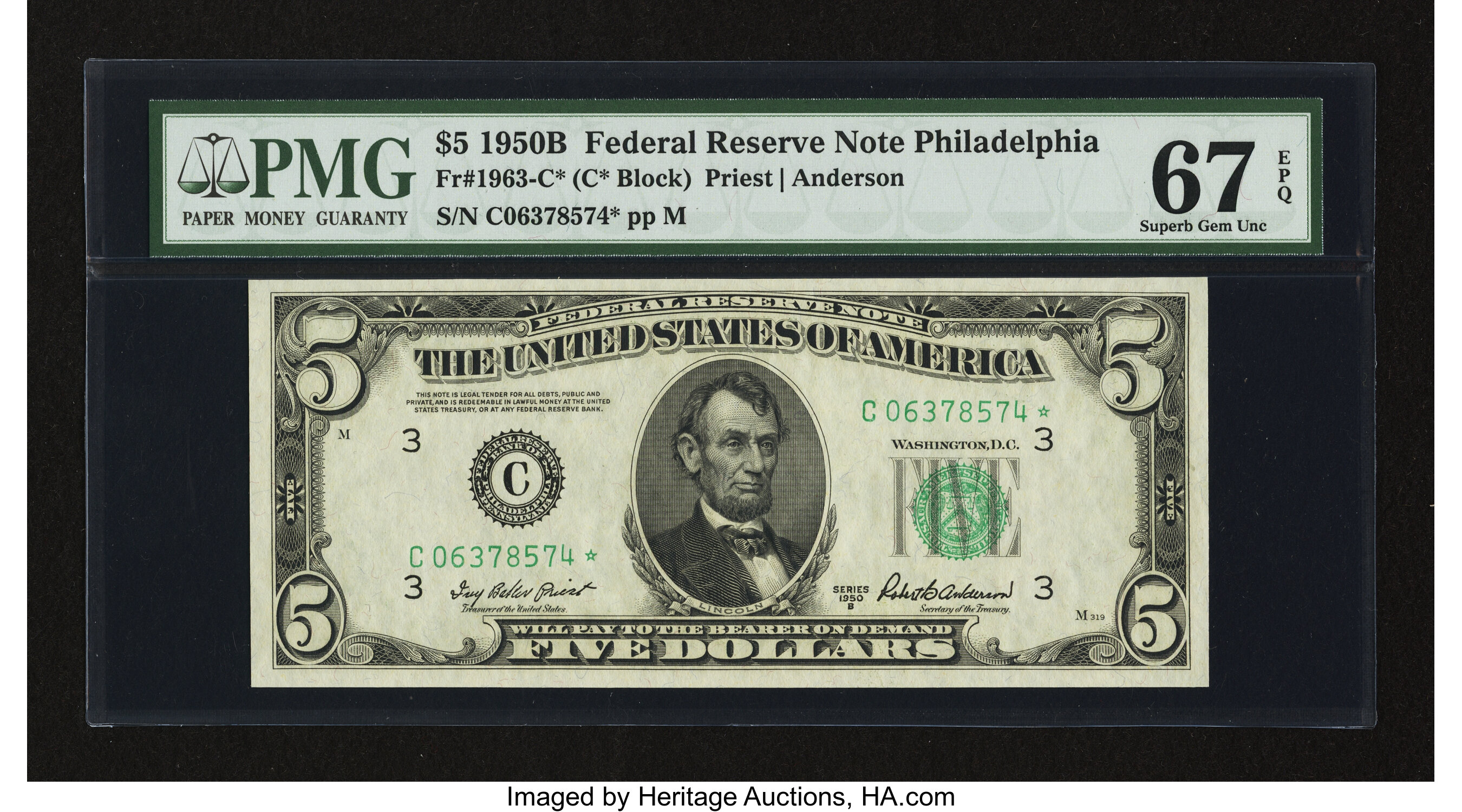 image for: Fr. 1963-C* $5 1950B Federal Reserve Star Note. PMG Superb Gem Unc 67 EPQ....