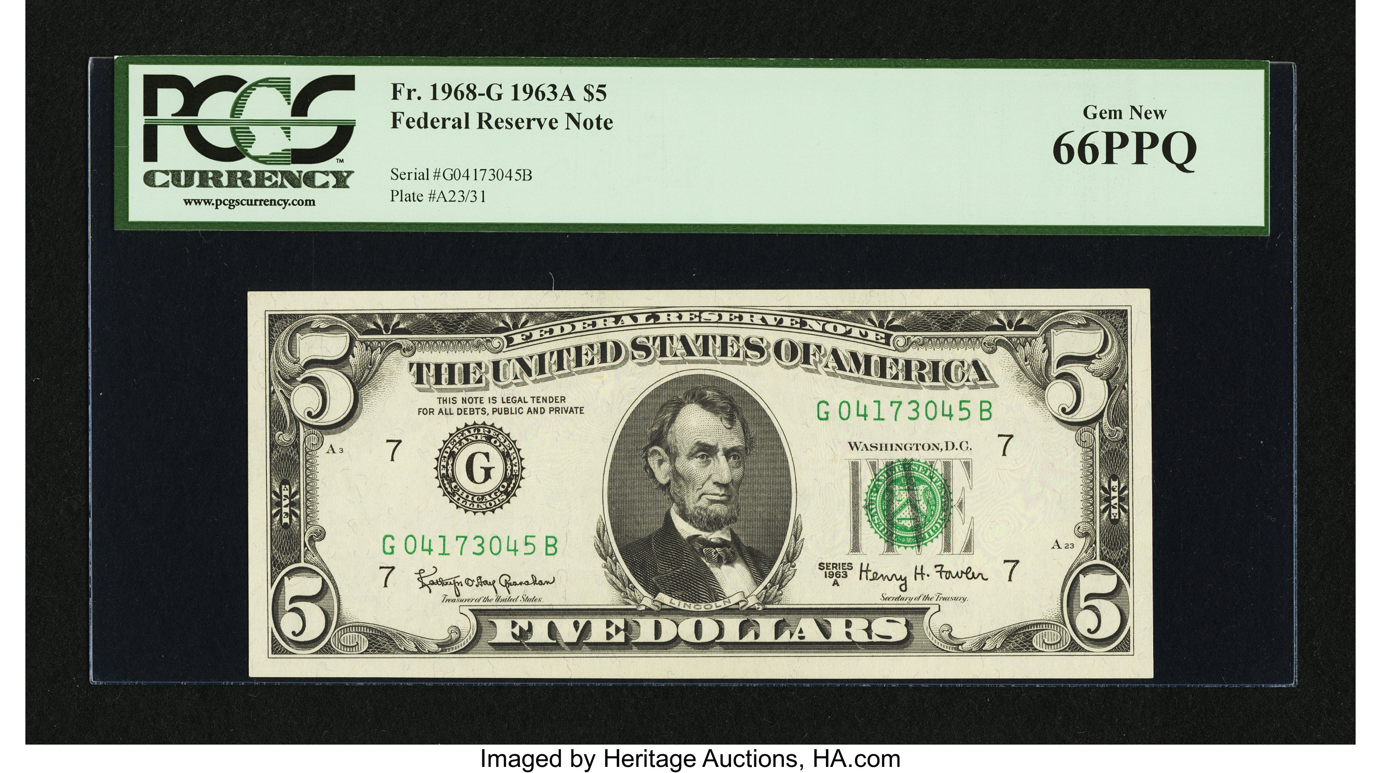 image for: Fr. 1968-G $5 1963A Federal Reserve Note. PCGS Gem New 66PPQ....