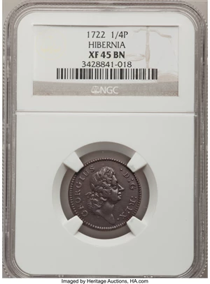 image for: 1722 FARTH Hibernia Farthing XF45 NGC. Nelson-2, Breen-168, Martin 1.1-A.1, W-12200, R.7. ...